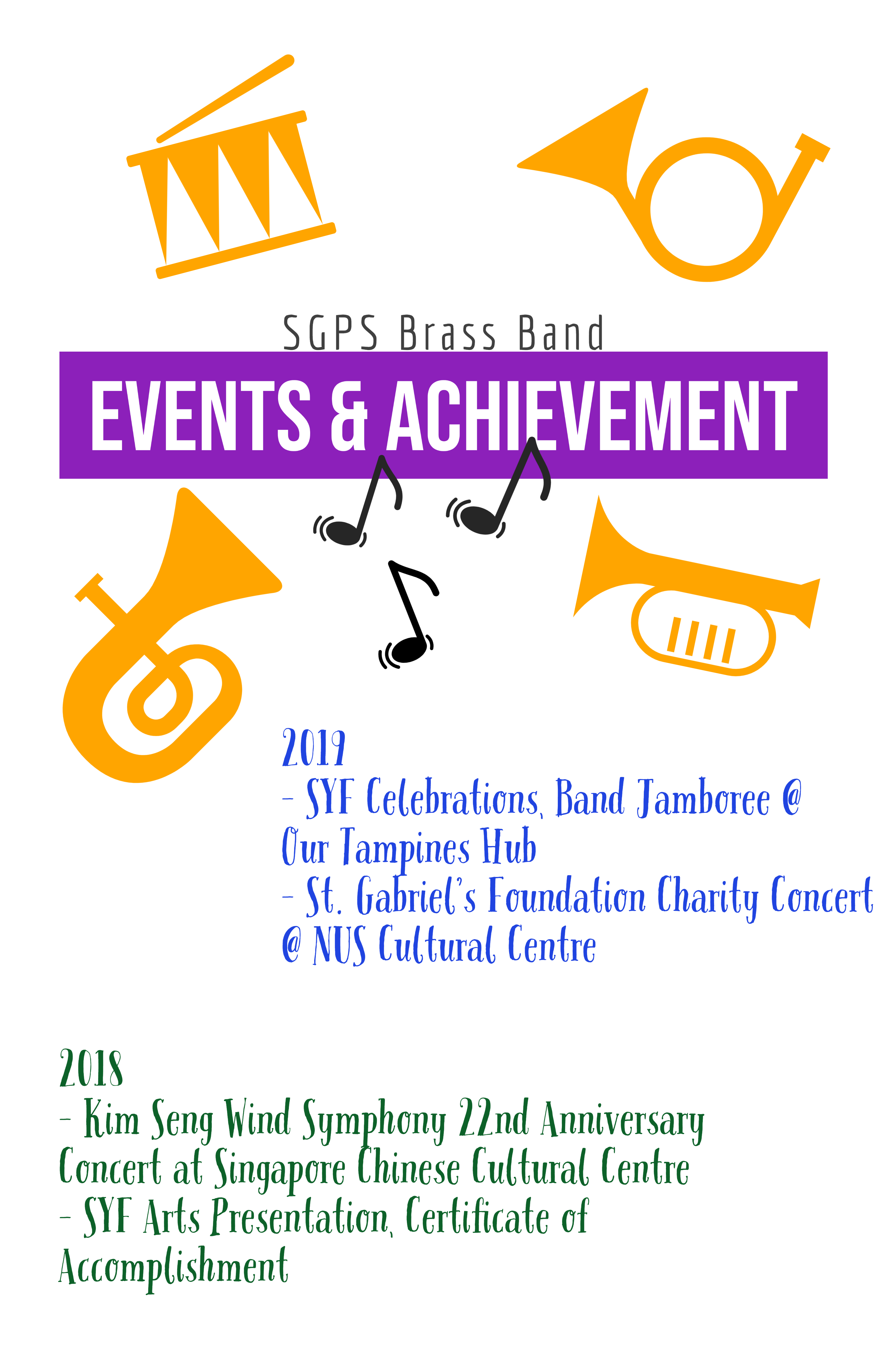 SGPS Brass Band Events and Achievement flyer listing 2019 and 2018 events with orange instrument icons.